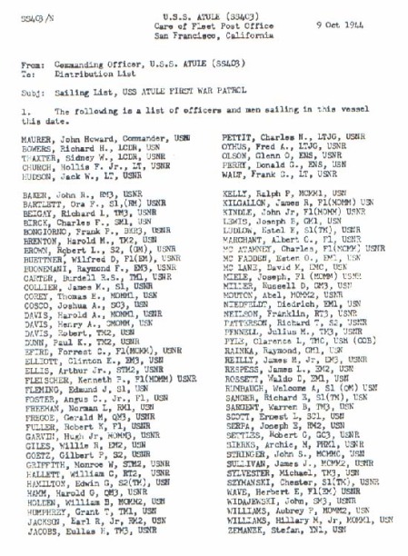 THE SAILING LIST FOR THE FIRST WAR PATROL OF THE USS ATULE (OCTOBER 1944)