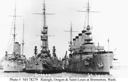 USS RALEIGH, USS OREGON AND USS SAINT LOUIS AT PUGET SOUND NAVAL SHIPYARD, BREMERTON, WA, ABOUT 1913.